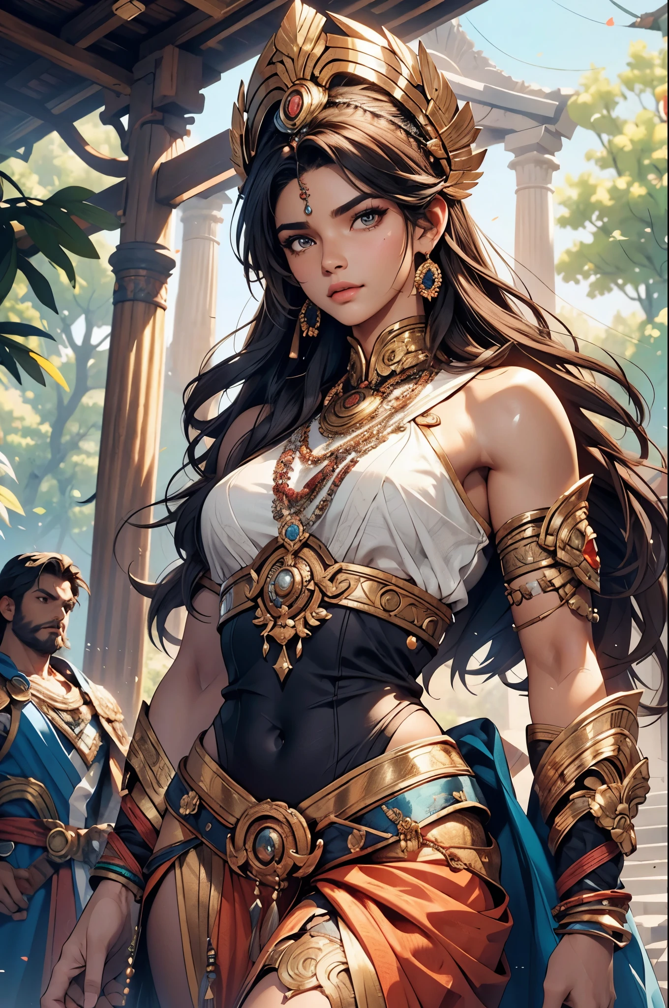   banner format , An Amazon posing as an Inferior Physical Goddess, Tamil MODEL. long hair. big hips. small waist.  goddess wear/attire . Image style and definition: ultra realistic photo, feminine figure, portraits, bold lines, brim with confidence and courage. hoplite. Super detailed face， Detailed lips， Detailed eyes，hyper realistic，perfect photogenic clarity, official art, ultra hyper-realistic, Serenity, tone mapped, highly detailed, artstation, concept art, smooth, sharp focus, highly detailed artwork, cinematic, trending on Artstation, 8K, incredible shadows, (highly detailed background:1.0)