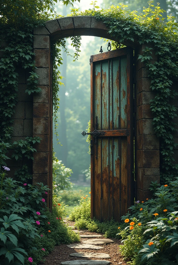 An old, rusty gate leading into a mysterious garden."