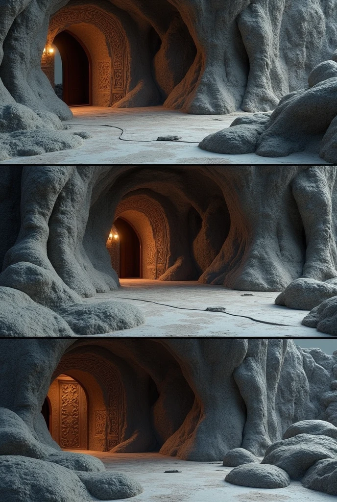 Create an image for me of a Cave 3D give me 3 photos of wall  it shouldn't look creepy it should have indian touch this is too bright i need with gray or black rocks give me photos 1 by 1