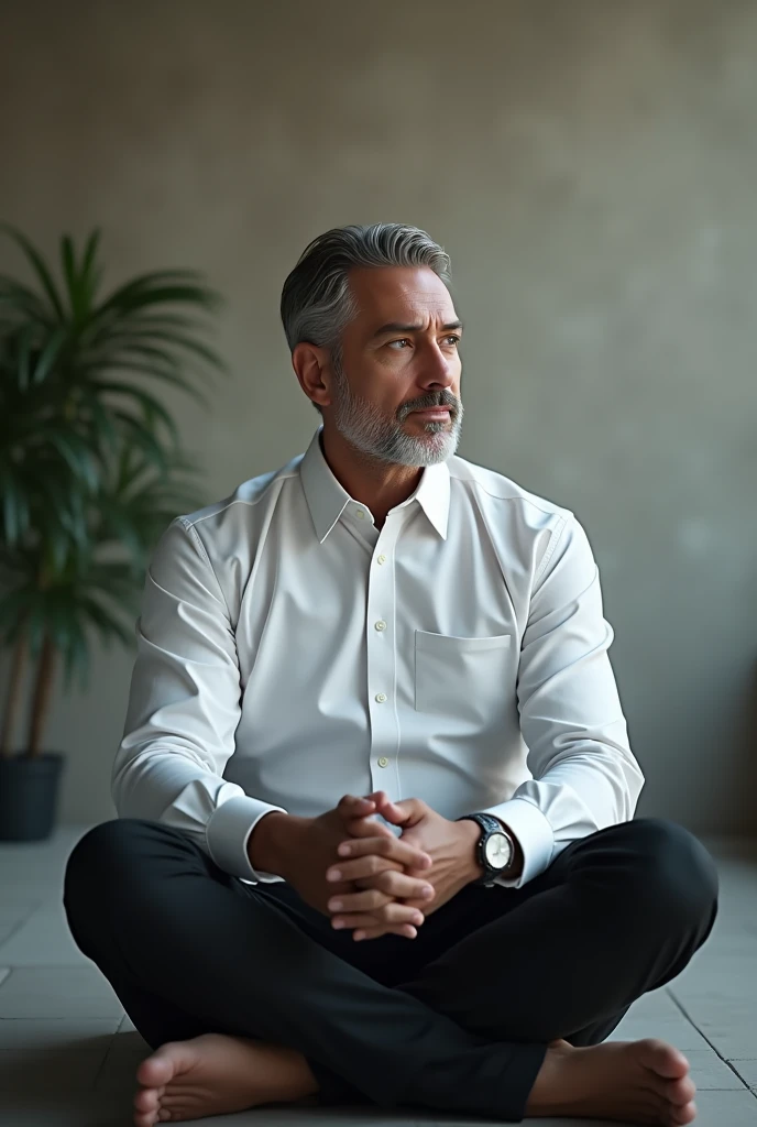 A man sitting, wearing white shirt and black pant,taking