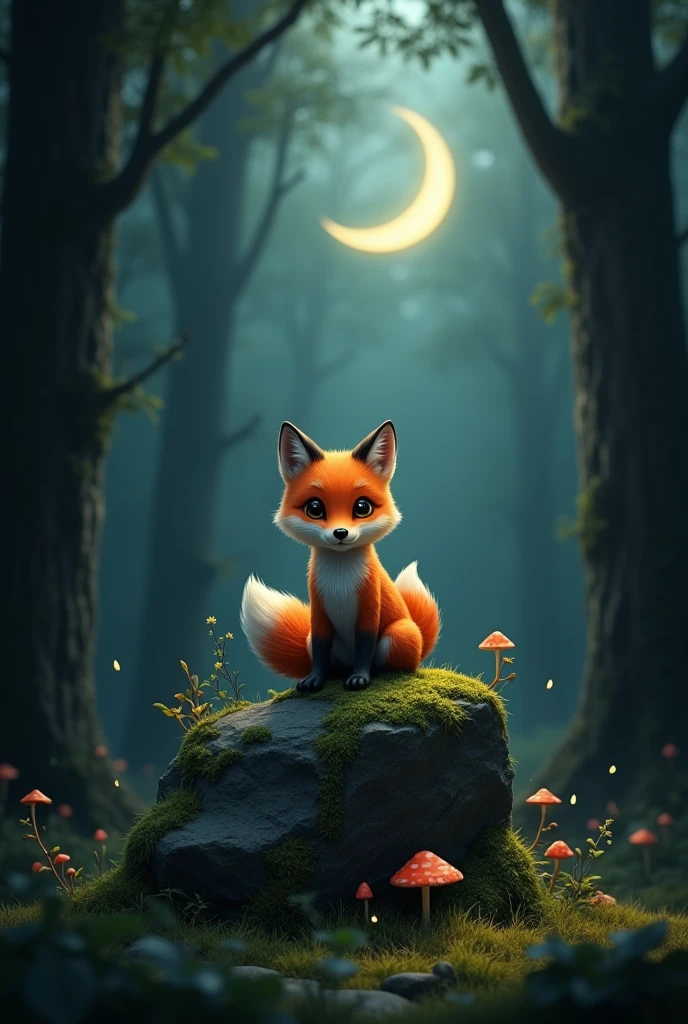 Cute fox,sitting on rock,Green Grass ON ground,in a mystical DARK,foggy forest,black Background with moon,spotlight,comic,Steampunk,cimena stil, bokeh,mushrooms