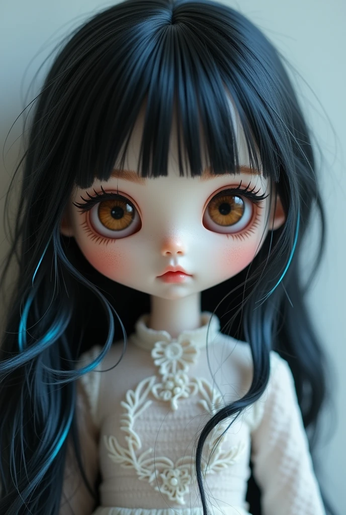A blythe doll with black hair with small blue streaks, white, and with brown eyes,