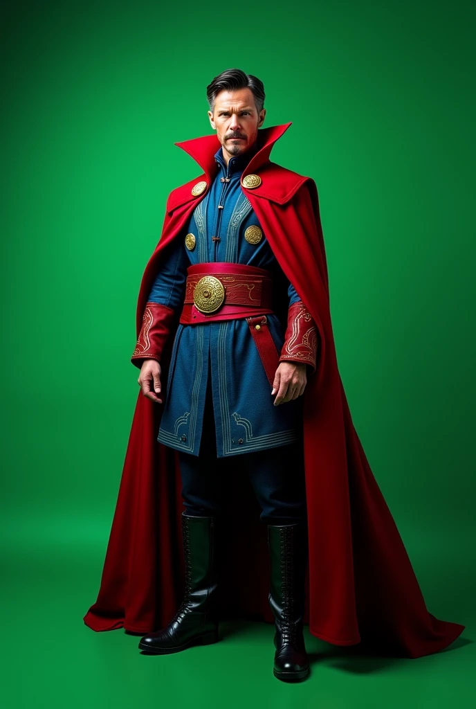 Create a realistic image of Doctor Strange, de corpo inteiro, put a green background, for withdrawal of the fund later