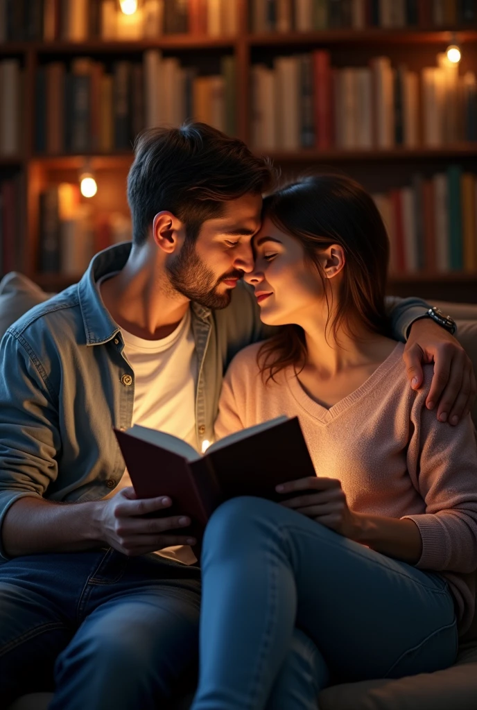 A couple together, each one holding their own book and showing the cover. Reading together. He kisses her on the mouth.