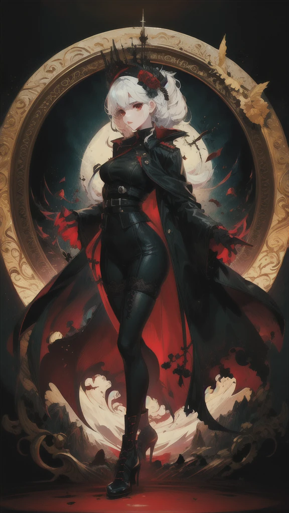 1girll,White color hair,Various hairstyles,Wear a black flower on your head,beauitful face,crisp breasts,Convex buttocks,Wearing a black gauze tights,Wear a black wristband,Black lace-up heels,Wearing a black military uniform overcoat,The inside of the coat is red,perfectly proportioned, Cinematic lighting, filmgrain, Fujicolor, lightand shade contrast, 8k, Masterpiece, Textured skin, Super detail, high detal, High quality, A high resolution,