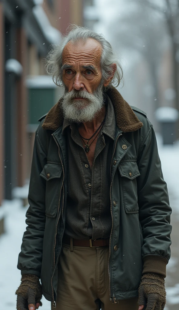 Mr. John is an elderly man in his late 70s, with a frail, thin frame. His face is weathered from years of hardship, with deep lines etched into his skin. He wears tattered clothes—an old jacket with holes, thin pants, and worn-out shoes. His beard is scruffy, and his hair is unkempt, showing the signs of living a difficult life on the streets. Write a scene where Mr. Harris encounters Mr. John outside his gate. Show Mr. Harris's concern and Mr. John’s resigned response to the cold.