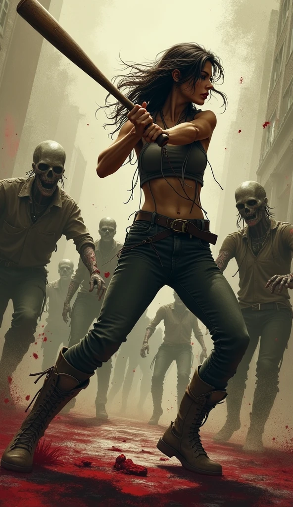 "The cover shows a woman fighting a horde of zombies fiercely, in blood, with a baseball bat. She&#39;s wearing tattered clothes, and the book&#39;s title is prominently displayed at the top in a bold, old-looking font.