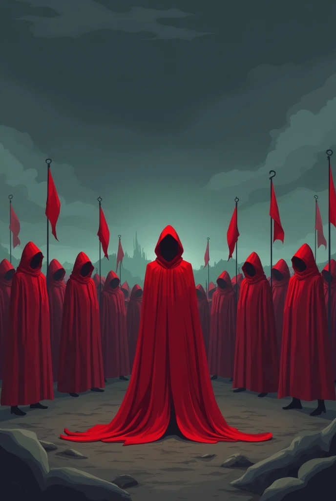 Create an image of several people wearing a red cloak of a sect, with red flags across the landscape, do it in a flat place with very dark skies