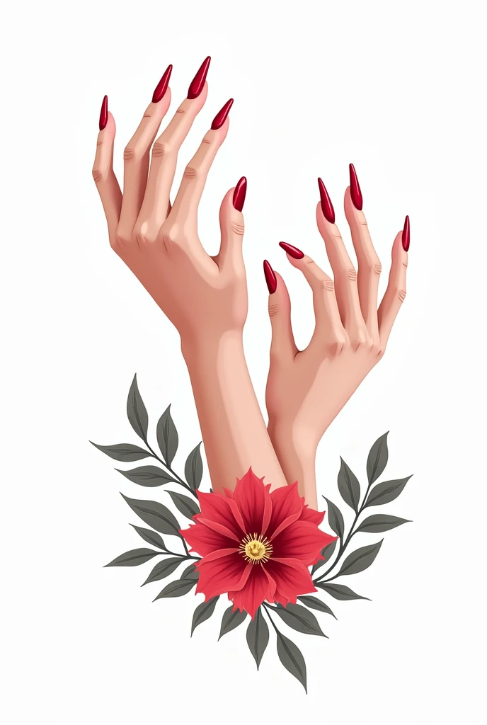 A vector logo, of beautiful hands with long nails painted red, on the lower part of the arms decorated with flowers, WITH WHITE BACKGROUND