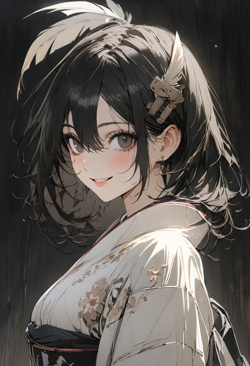 1 woman, striped hair, long black hair, hair between eyes, moles under the eyes, blank eyes, (one feather on one's head), smile, high detail, conceptual art, japanese cartoon movies, gothic art, masterpiece, super detail, high details, high quality, best quality