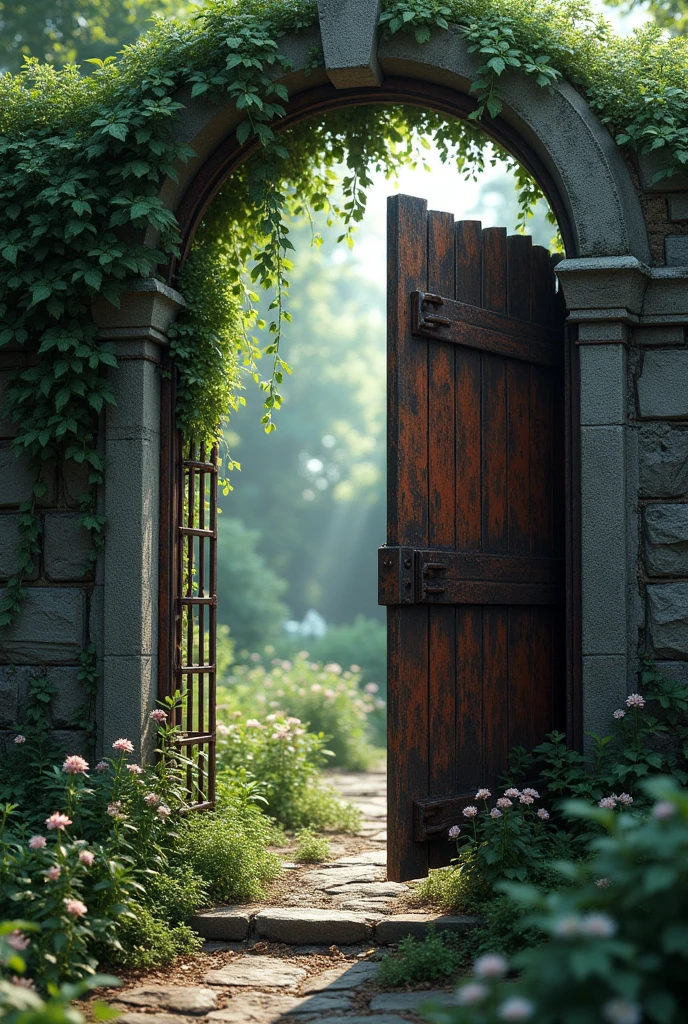 An old, rusty gate leading into a mysterious garden."