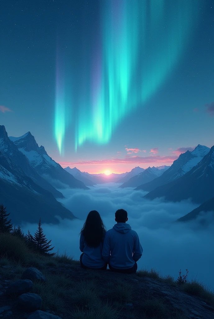 A Woman And A Man, Sitting On A Mountain And Staring At The Night Sky, There Was The Moon, Aurora, Stars