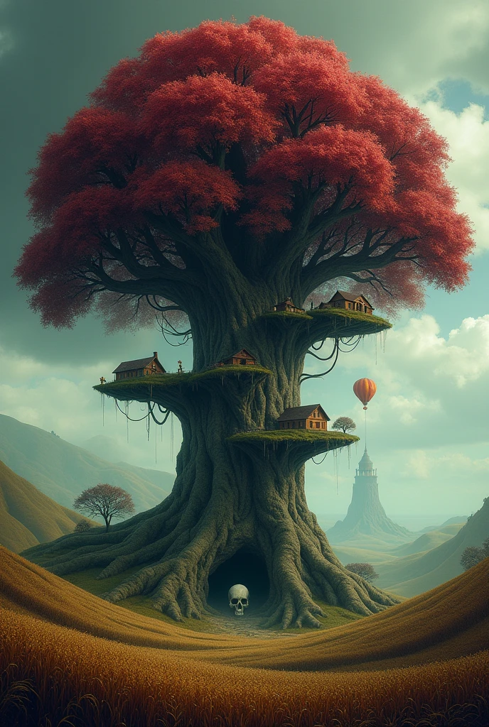 an landscape with a giant tree in center, surrounded by grains and hills. Its branches sustain platforms with houses carved on the wood. Os its base there is a hole in the shape of a skull that leads to its inside. Its leafs are wine coloured and the sky is moody, announcing a storm.