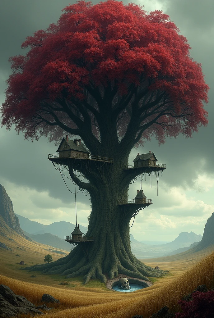 an landscape with a giant tree in center, surrounded by grains and hills. Its branches sustain platforms with houses with leaf ceilings. Os its base there is a skullish hole that leads to its inside. Its leafs are wine coloured and the sky is moody, announcing a storm.