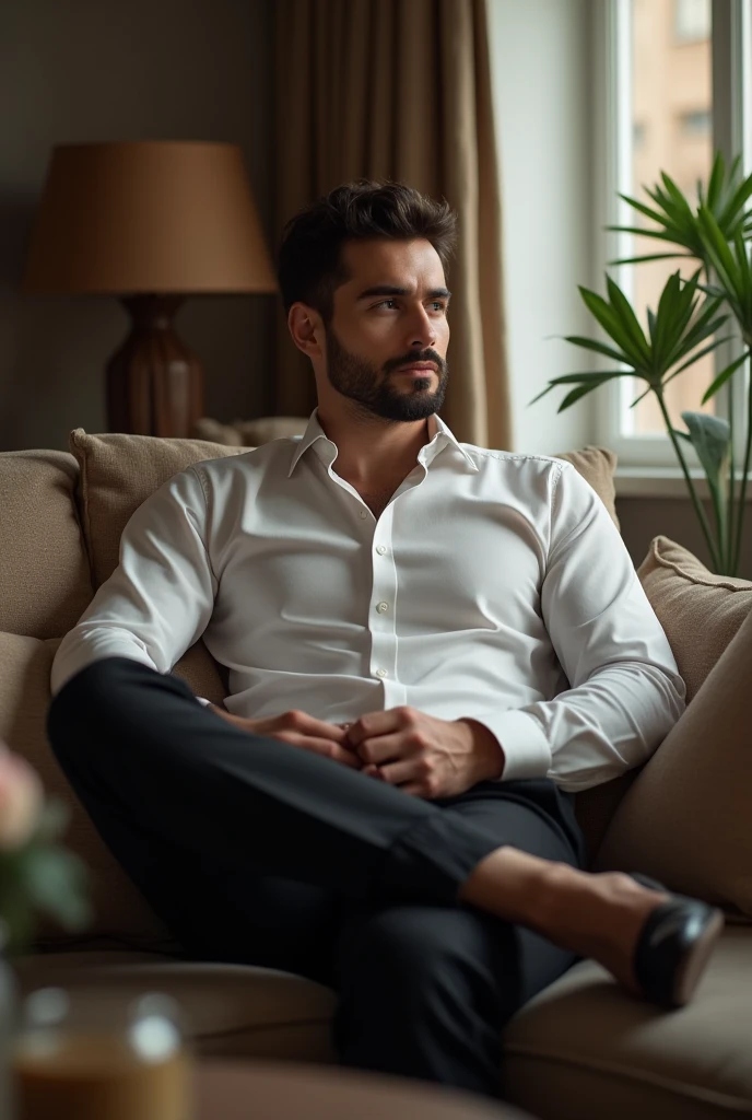 A man sitting on sofa, wearing white shirt and black pant,taking
