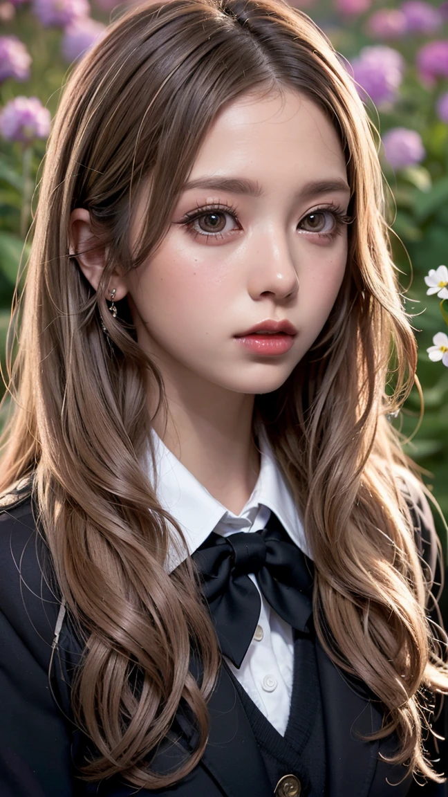 Realistic, masterpiece, Highest quality, Highest Resolution, Japanese , , Upper body photo, Looks sleepy, Spaced out, Open your mouth, Beautiful and detailed eye drawing, (Droopy eyes:1.3), Dark Eyes, Thin eyebrows, Draw eyelashes carefully, Eyelash extensions, Gal Makeup, Orange Cheeks,  (White brown wavy hair, Long Hair, middle part:1.3), (Hidden eyelid wrinkles:1.3), (Gothic uniform, blazer:1.2), (The subject was photographed from above at an angle:1.3), (Flower Field:1.3), (Face close-up, Stand up and impress the crowd:1.5)