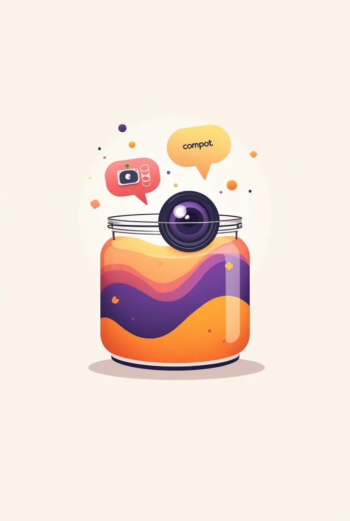Logo - Opened jar filled with orange and purple liquid, message bubble and camera lens put inside of jar and sticker written "COMPOT" on jar (minimalistic style)