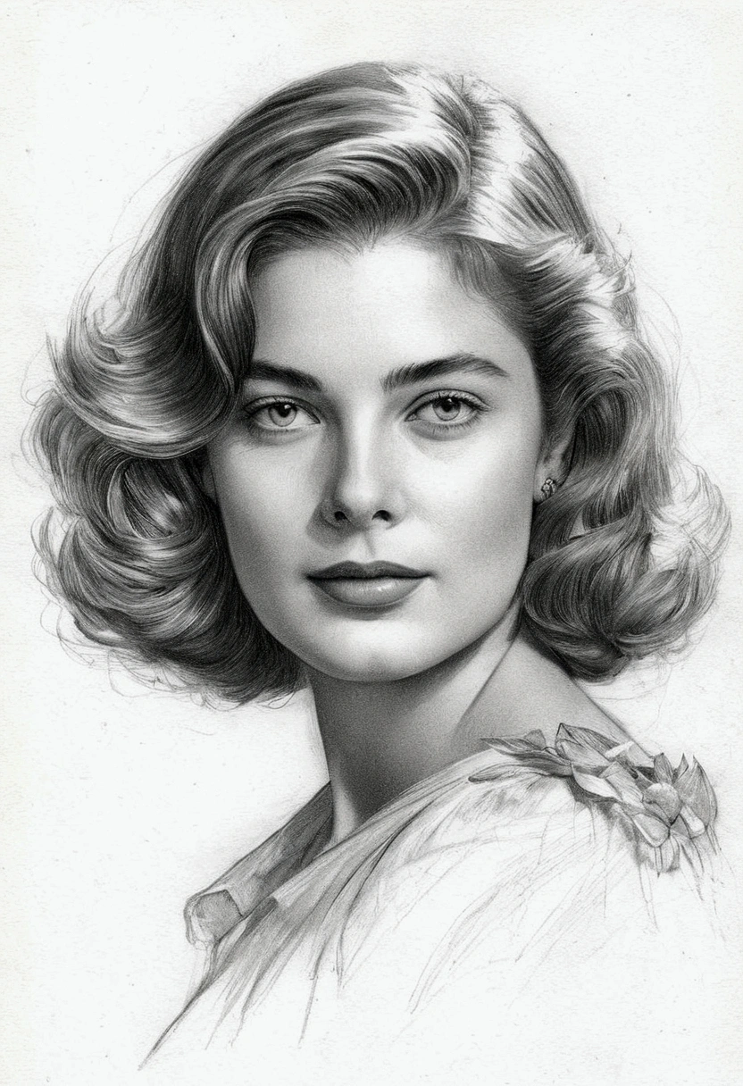 A delicate, graphite sketch portrays, a beautiful young Ingrid Bergman, without background, her features rendered in subtle shading and precise lines. The framing is tight, focusing attention on the subject's serene face. Soft, feathery strokes convey the gentle texture of her hair,