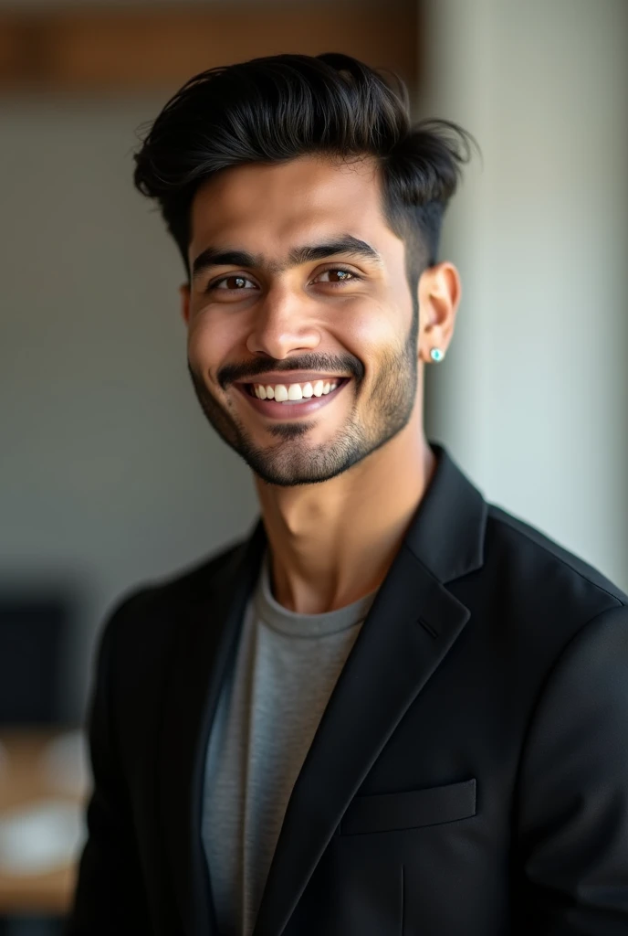 21 year old indian boy With fair skin without beard with dimple dark hair with light brown sharp jaw line and narrow body Posing for a linkedin picture in formals in black blazer earring in ear