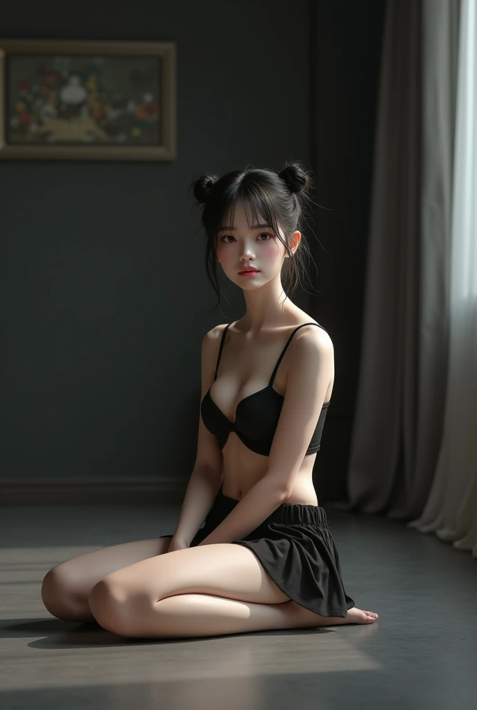 Cute 18-year-old girl, god, Short Girl, A slim body, Small boobs, Small breast, Small booty show, ultra mini skirt, detailed face, beautiful eyes, long eyelashes, cute expression, Minimalist interior, dark-toned interior, photorealistic, 4K, high quality, hairstyle two ponytails, Short skirt, sitting on the floor, front view, full body