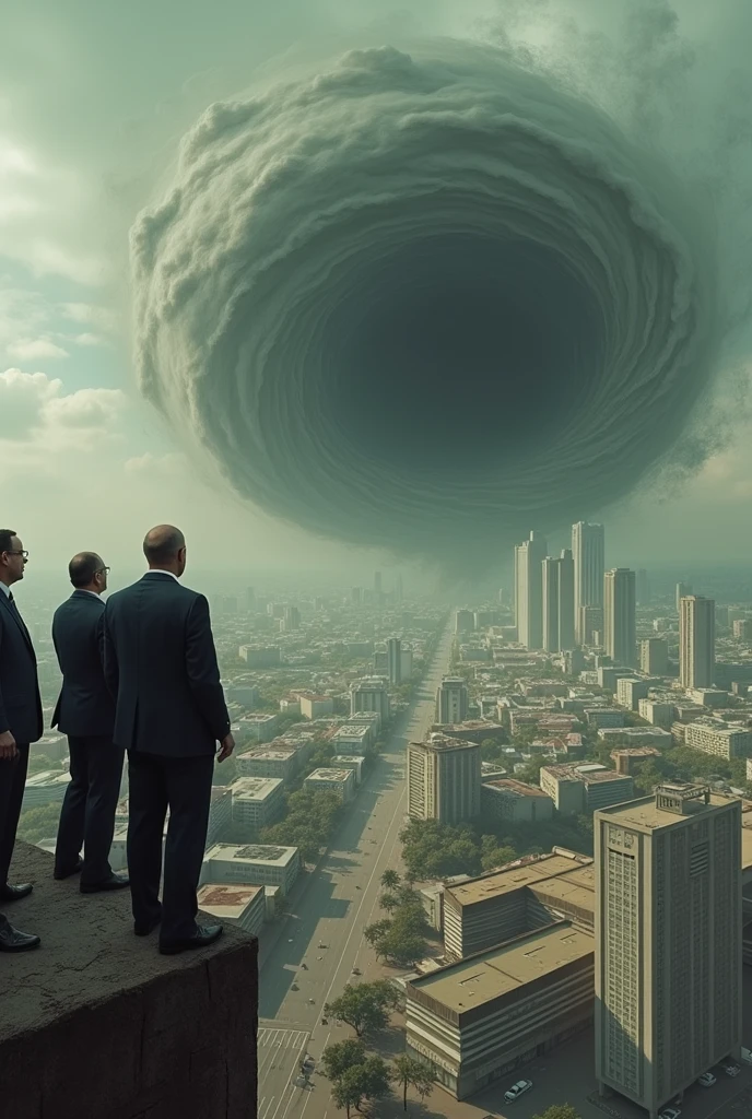 Create an image of Brasília-DF being sucked in while politicians laugh and watch from afar