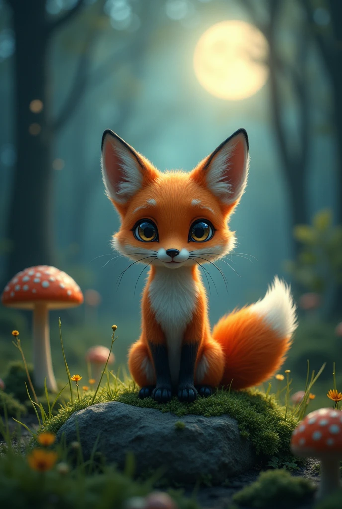Cute fox,sitting on rock,Green Grass ON ground,in a mystical DARK,foggy forest,black Background with moon,spotlight,comic,Steampunk,cinema stil, bokeh,mushrooms