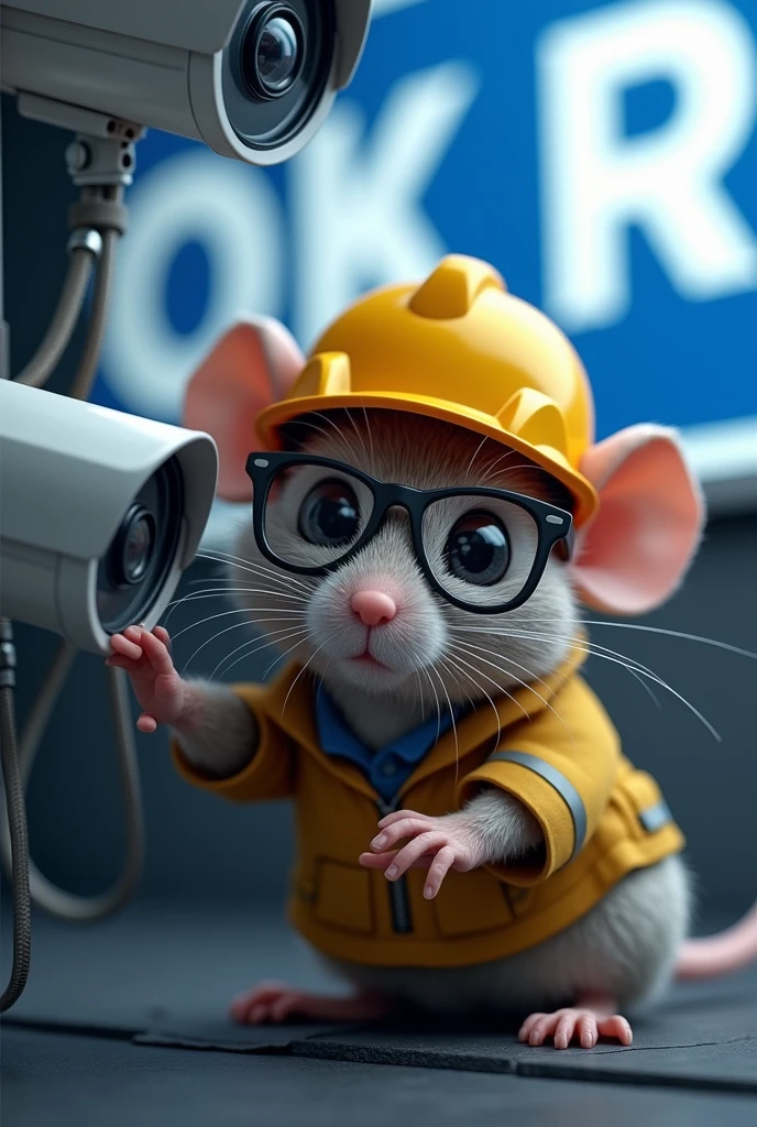 A serious electrical engineer mouse with glasses and helmet installing security cameras and in the background the ALKOSTO company logo with white letters and blue border