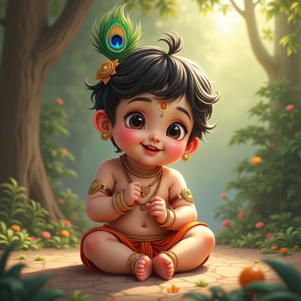 God Krishna age of 1 year old cute boy smiling, adorning with peacock
