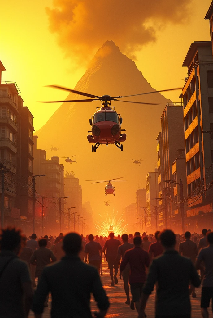 Falling city, people running desperately, The yellow sky with red and a large mountain similar to the Ávila in Caracas Venezuela, Many helicopters come from behind the mountain evacuating people, a helicopter very close to see the people nearby