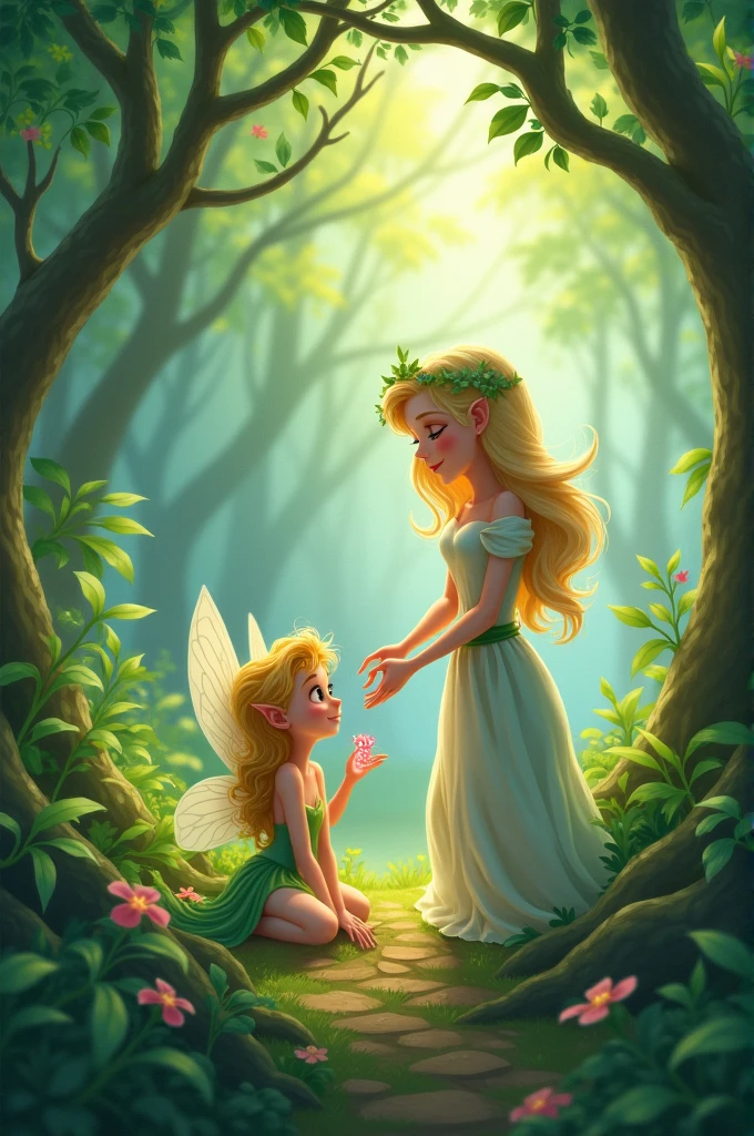 / imagine prompt Elara discovering a small, delicate fairy with a wounded wing amidst the forest greenery.
"Elara gently healed Liora's wing with a magical herb she knew of.", -- ar 16:9 cartoon character
