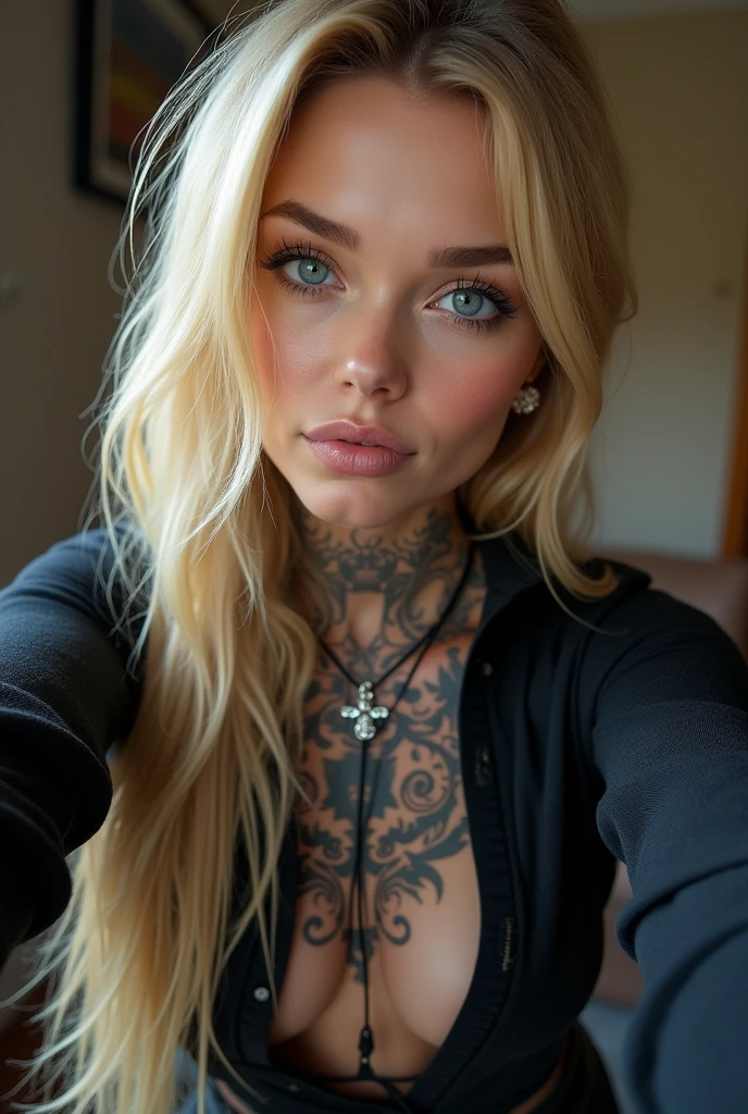 selfie, wink, cute baby-face woman, attractive and seductive expression, shy, blonde straight hair, forehead, make-up, blue eyes, superlative body proportion, covered in tattoos, wearing loose knit shirt, tight fitting leather pants, engineer boots, artistic, hyper, graphic CG digital art