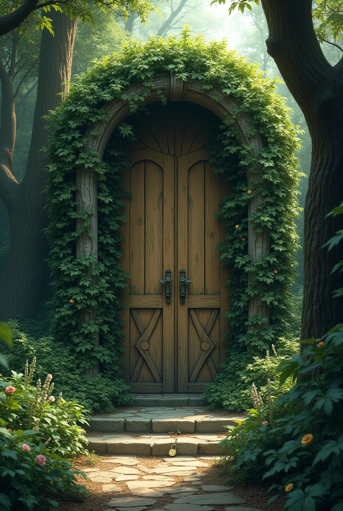 create an image of a door covered with vines and creepers, with a golden lock in the middle on the floor