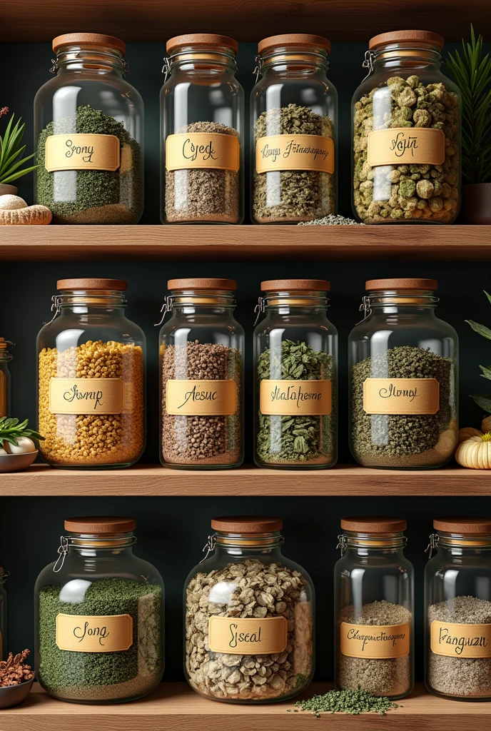 Jars filled with various dried herbs and covered with lids