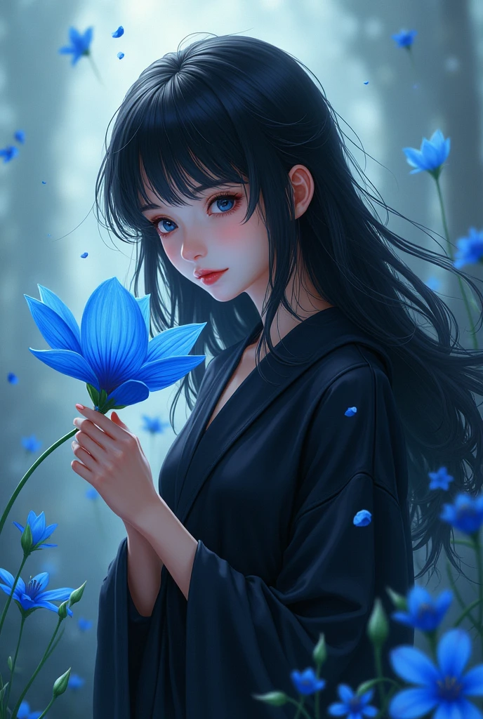 A girl, wearing a black robe. Jet black hair flowing, Both of his eyes are also jet black.. Holding a blue peacock lily, looking at the flowers with a gentle smile. Flowers fall around him. Be in a cool place, calm, and peace.