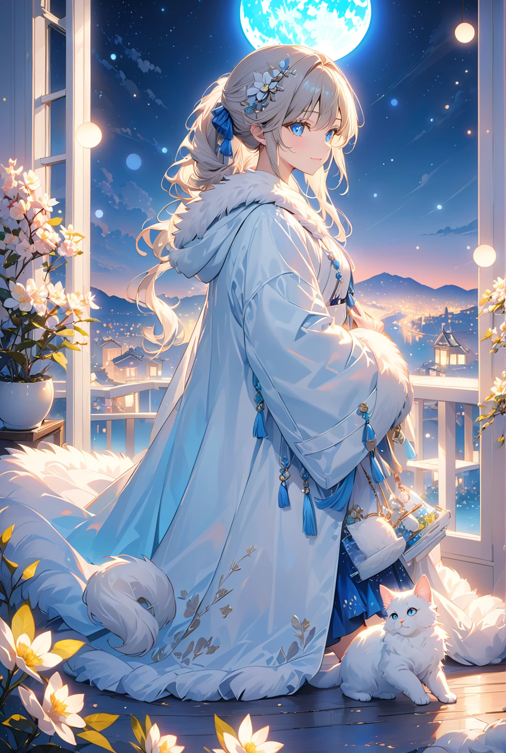 (Highest quality:1.2), A room with a beautiful view of another world, ((White cat)) (Maine Coon) ((Highly detailed coat))night、blue Moon, Light bokeh, Soft colors, Sparkling, Dynamic Side Angle, Natural soft lighting, 8K resolution, shape, pastel four colors、Blue Light Goods、Glowing Goods、blue eyes