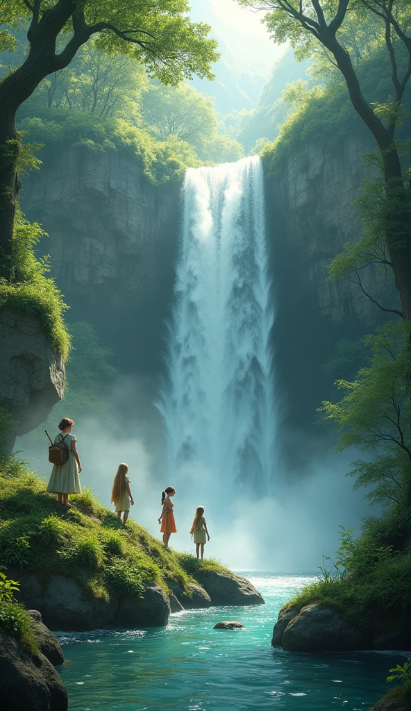 The waterfall conveys the natural fantasy landscape of the four adventurers Fairy Green, Golden Ratio, Animation details, Beautifully, QuixelMegascans Trends, Perfect image, Ultra-high resolution, Perfect composition, detailed, Super color, (High Detail Skin: 1.2), 8k ultra high definition, SLR camera, Soft lighting, high quality, Film Grain, Fuji XT3
