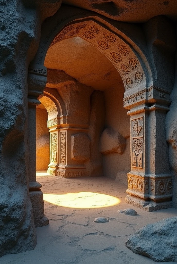 Create an image for me of a Cave 3D give me 3 photos of wall it shouldn't look creepy it should have indian touch this is too bright i need with gray or black rocks give me photos 1 by 1 not like this this is the entrance i need the inner part