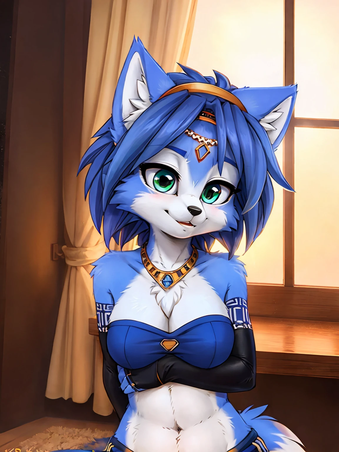 A beautiful and detailed (cute portrait) wa ((krystal)), Star Fox krystal, sslim, lovable, green eyes, medium breasts, (((Long blue hair 1.3))), Decollete, anthro, furry, Uploaded E621, detailed fluffy fur, (wa Fluff-Kevlar, Bayard Wu, Pino Daeni), detailed face, (fluffy), 1 girl, alone, sweet girl, 