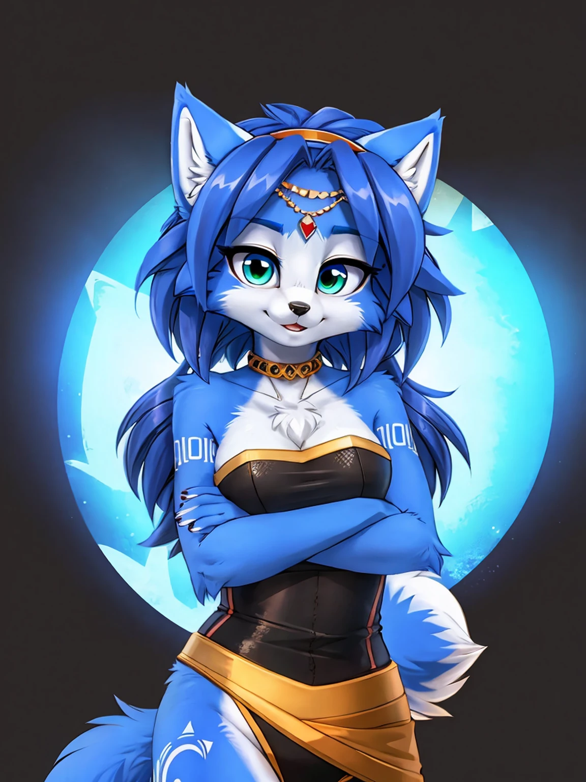 A beautiful and detailed (cute portrait) wa ((krystal)), Star Fox krystal, sslim, lovable, green eyes, medium breasts, (((Long blue hair 1.3))), Decollete, anthro, furry, Uploaded E621, detailed fluffy fur, (wa Fluff-Kevlar, Bayard Wu, Pino Daeni), detailed face, (fluffy), 1 girl, alone, sweet girl, 