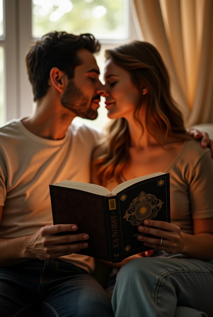 A couple together, each one holding their own book and showing the cover. Reading together. They are kissing.