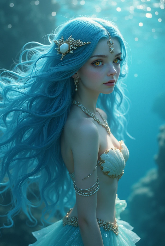 Realistic mermaid 3D hair below the shoulder, round face and visible cheeks