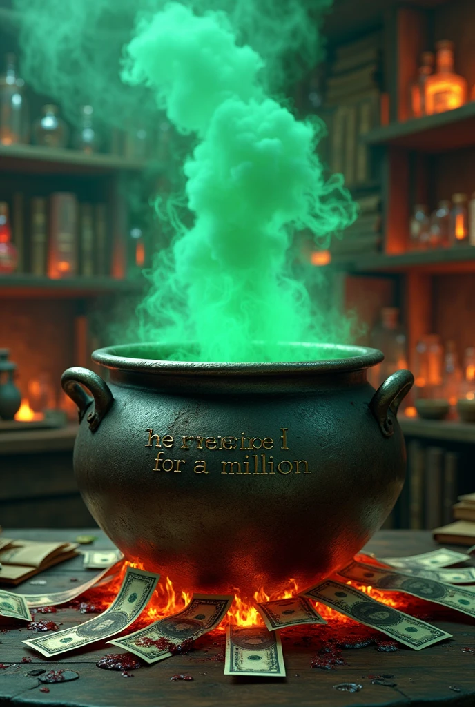 Imagine an aged metal cauldron, placed on a crackling fire in a sorcerer&#39;s apprentice laboratory. The cauldron is overflowing with blood-stained bills, which cascade around him. On the surface of the cauldron, The sentence "The recipe for a million" is engraved in a visible and legible manner, giving the cauldron a mysterious aura. Thick green smoke billows from the cauldron, mingling with the other strange objects in the laboratory : potions, open grimoires, and various magical instruments. The whole thing is bathed in a subdued, sinister light., adding a touch of adventure and witchcraft to the scene.