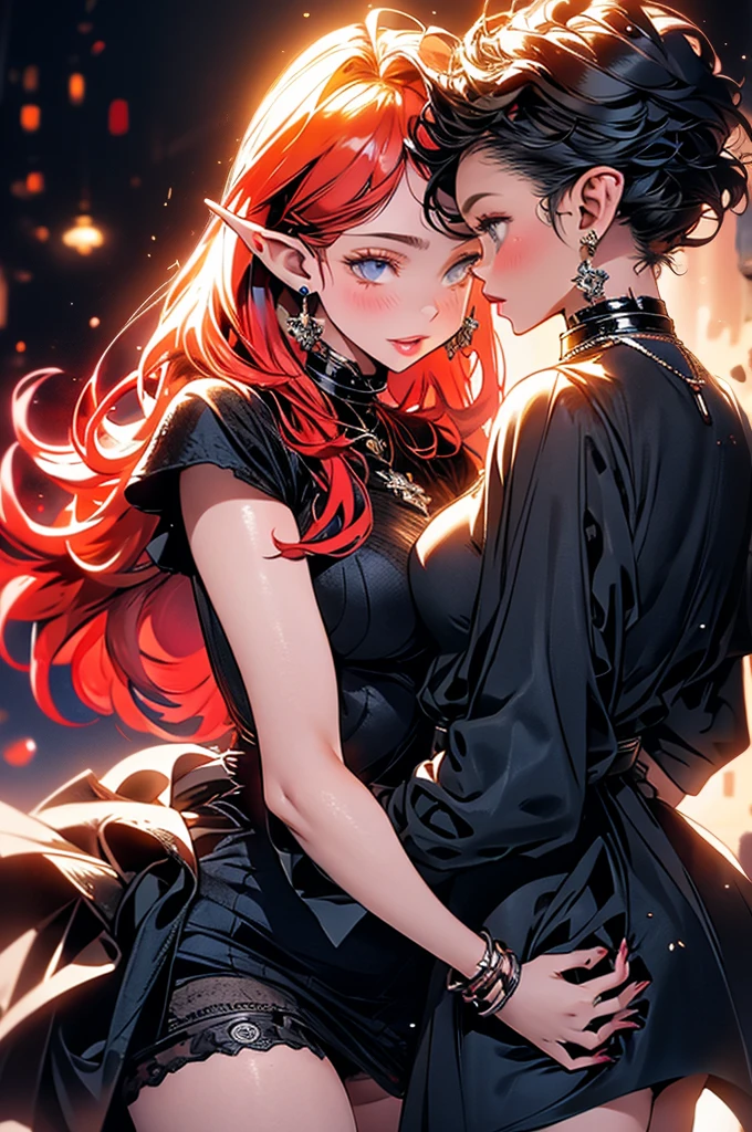 2girls, (one is a female elf, short red hair, blue eyes, curvy body, full pouty lips, off the shoulder black mini dress, black high heels) (other one is a female elf, short blonde hair, blue eyes, slim  body, full pouty lips, black lace mini dress, black heels) Dancing super close at a dance night club, facing each other, kissing passionately, lips pressed together