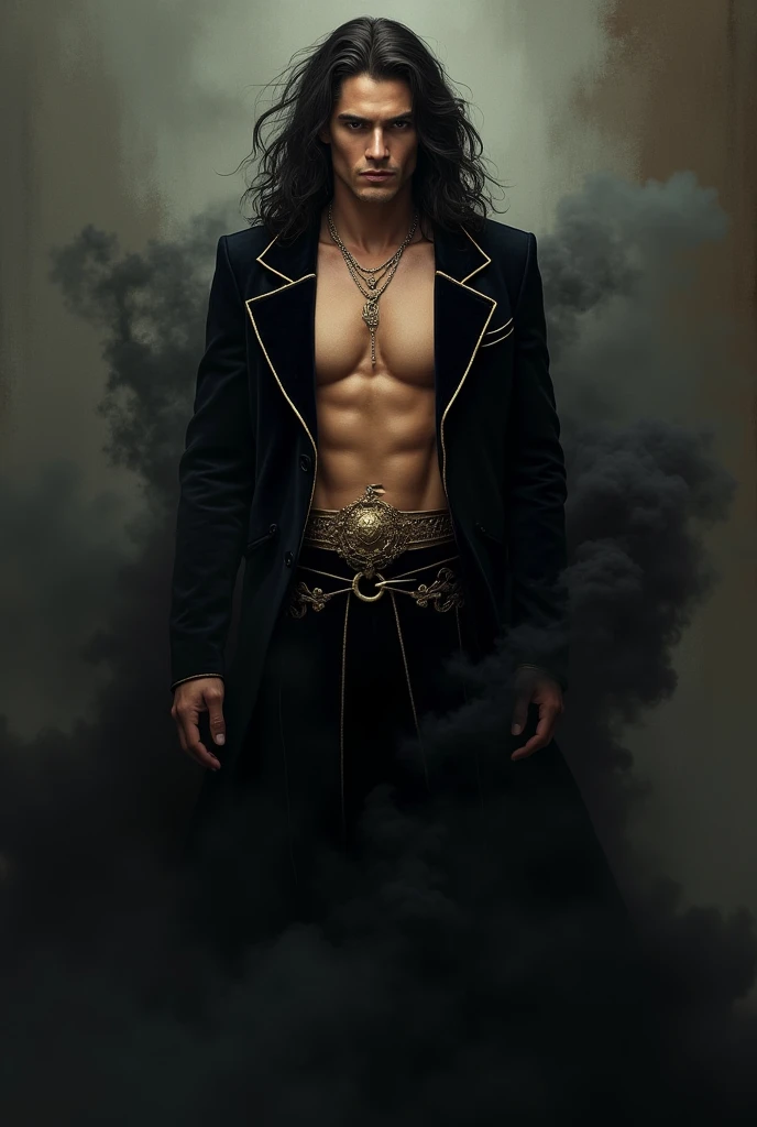 

Tall male in the age range of 25-40, with long, dark and wavy hair, and a strong athletic  physique. Fair skin, athletic build, and pale or white colored eyes. Extremely sexy and hot, attractive. A black and gold velvet outfit, although not very protective, probably expensive-looking, with a permanent and thick black shadow aura surrounding him. The aura is very strong and people can touch it. 