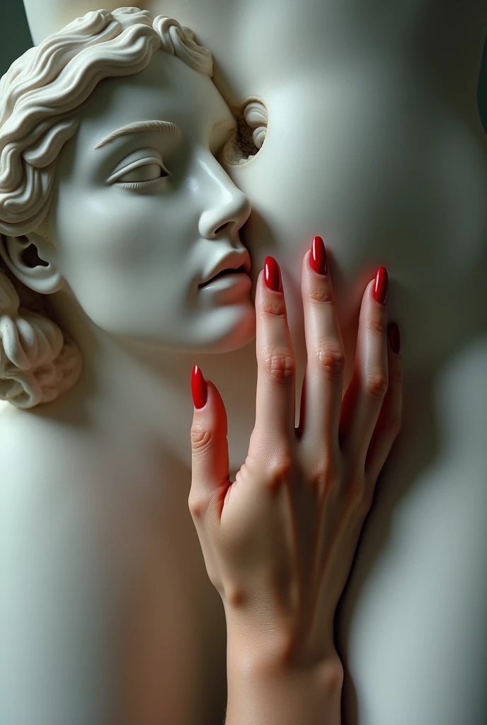 A close-up, provocative and modern photo of a hand with red-painted nails holding a marble statue's penis. The image should be well-lit, with a flash effect highlighting the contrast between the smooth white marble and the hand's warm, natural skin tone. The focus should be on the hand and the statue, capturing the details of the fingers and the statue's texture, creating a playful and bold composition.