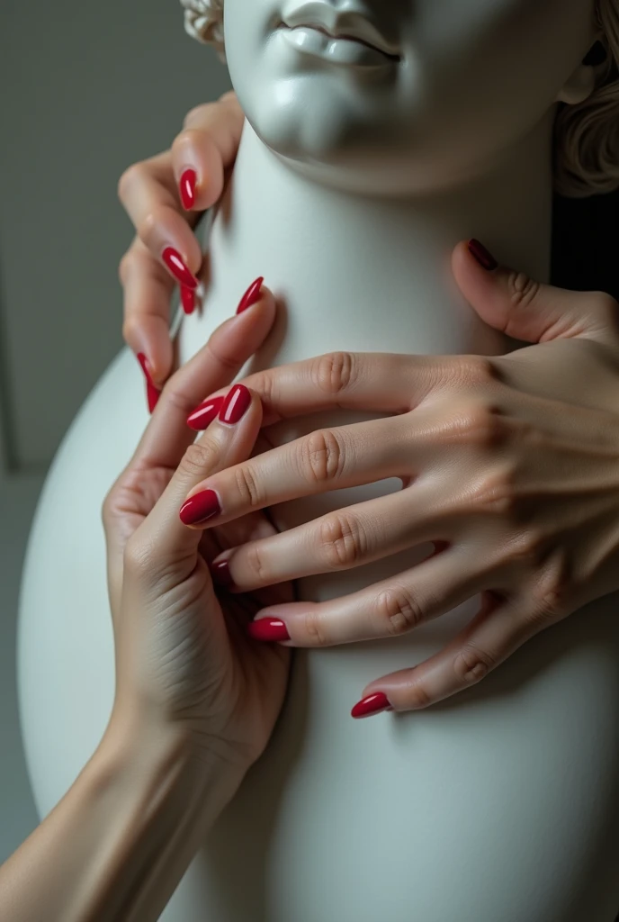 white long fingernails running along 6 pack abs