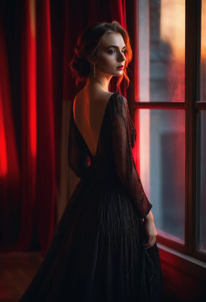 closeup shot, woman in a dress standing in front of a window, romanticism, in evening gown, flowing gown, wearing a flowing dress, mysterious woman, haunting beautiful young woman, wearing a black flowing dress, flowing dress, woman in dress, extremely moody red lighting,