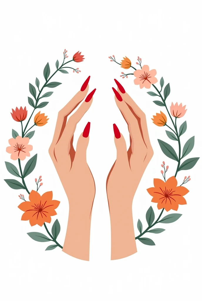 A vector logo, of beautiful hands with long nails painted red, at the bottom of the arms decorated with many flowers, WITH WHITE BACKGROUND 
