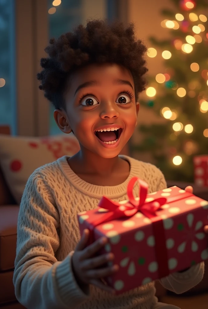 Create a realistic image of an individual receiving a gift, with their face clearly displaying a look of surprise and delight. The person should be shown in a moment of genuine reaction, such as wide eyes and a broad smile, as they unwrap or open the present. The setting could be a festive environment, like a living room with decorations, or a more intimate space, depending on the context. Include details such as colorful wrapping paper or a beautifully decorated box to enhance the sense of anticipation. Use warm, natural lighting to highlight the person's expression and the joy of the unexpected gift.