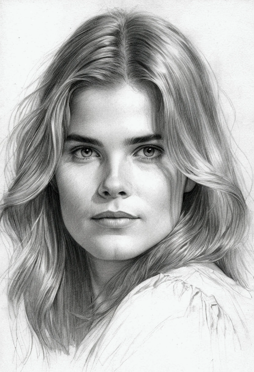 A delicate, graphite sketch portrays, a beautiful young Mariel Hemingway, without background, her features rendered in subtle shading and precise lines. The framing is tight, focusing attention on the subject's serene face. Soft, feathery strokes convey the gentle texture of her hair,